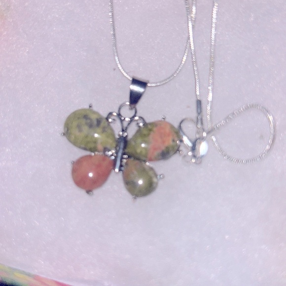 Handmade Jewelry - Boho hippie Unakite Butterfly Sterling Silver 16” Necklace